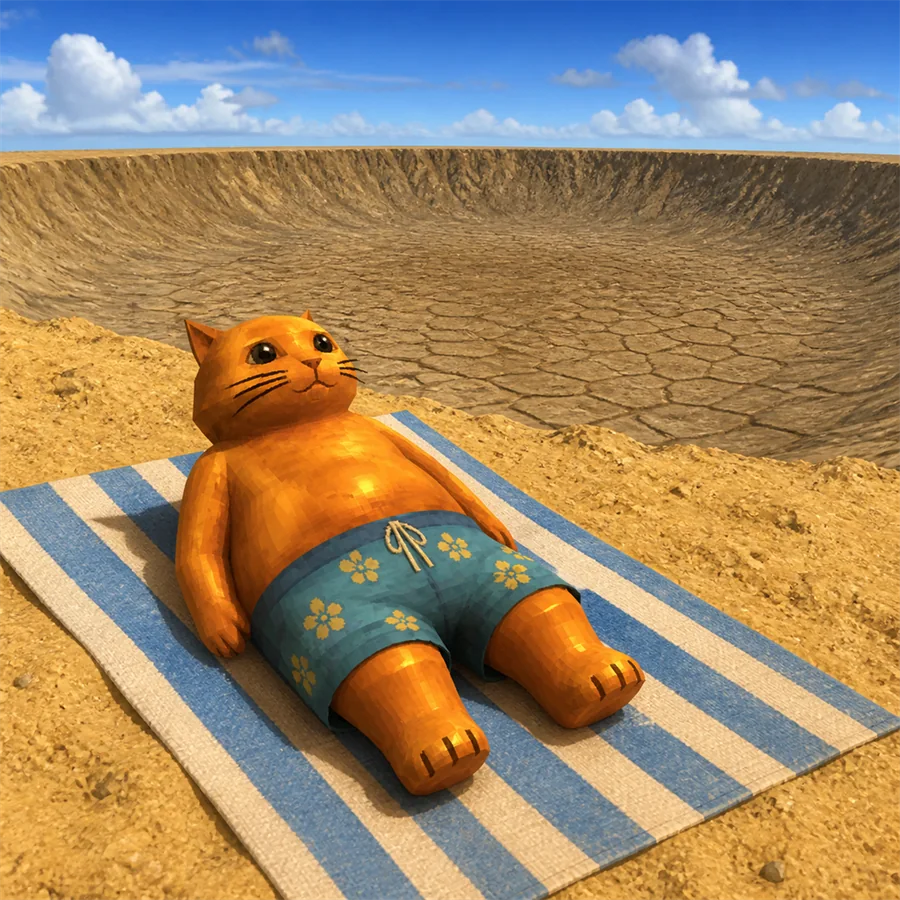 The cat beside a dry sea bed