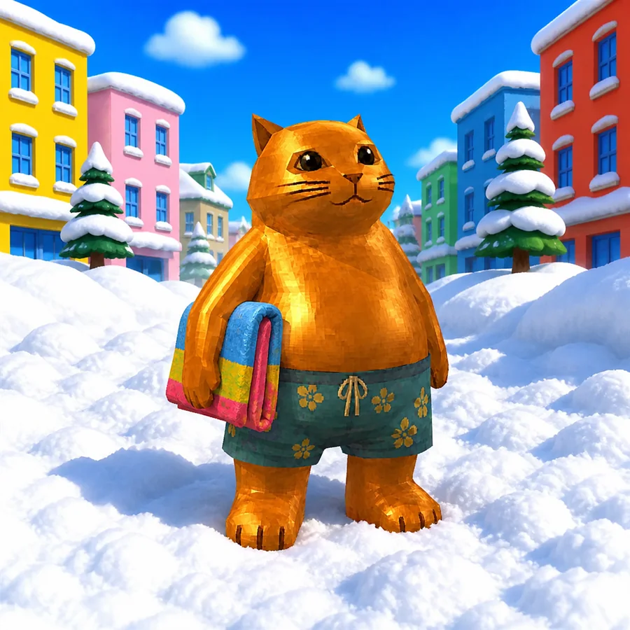 The cat in the snow in swim shorts